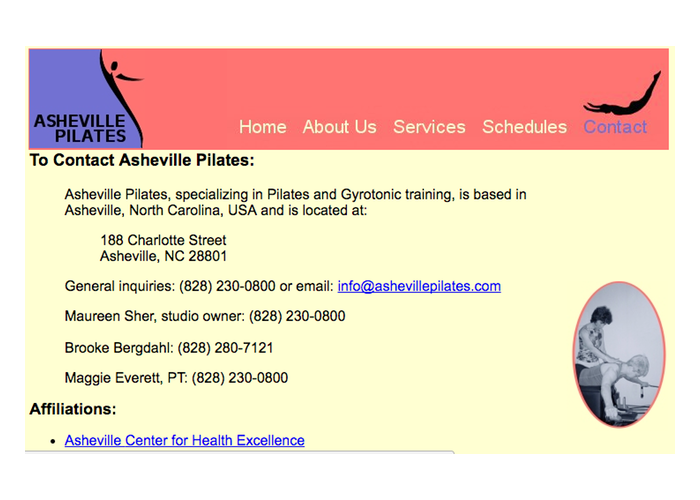 Screen shot of Asheville Pilates' website